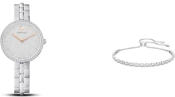 Swarovski Cosmopolitan Uhr, Metallarmband, Silberfarben, Edelstahl & Subtle Trilogy Armband, Weiss, Rhodiniert