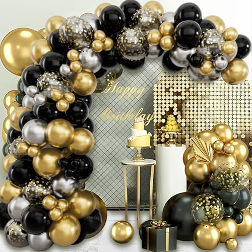 Luftballon Girlande Schwarz Gold, 102pcs Ballon Girlande mit Gold Konfetti für Party Deko Hochzeit, Graduation, Prom, Neujahr
