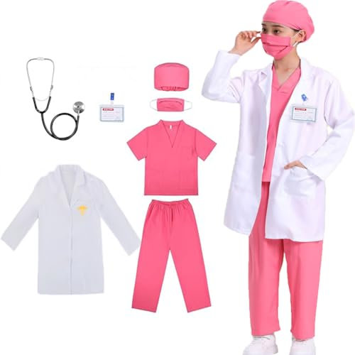 Doktor-Kostüm-Set mit Schlupfhose, Laborkittel, Stethoskop, Ausweis, Brille für Kinder, Mädchen, 3–10 Jahre