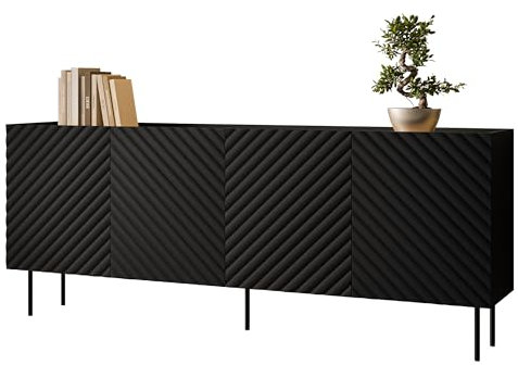 Mirjan24 Kommode Likade 200 4D mit 4 Türen, innen 8 Fächer, gefräster Front, Ohne Griffe, Metallfüße, Highboard, Anrichte, Sideboard, Mehrzweckschrank (Schwarz)
