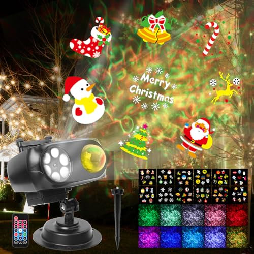 ROVLAK Proiettore Natale Esterno, Proiettore Luci Natalizia ad Alta Luminosità con 12 HD Diapositive e 10 Effetti Onda, Proiettore Halloween Impermeabile con Telecomando per Pasqua Ringraziamento