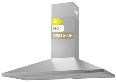 EVVO Campana Extractora CE25 Pyramid, Ancho 90 cm, Inox, 350 m³/h, 3 Velocidades, Luz LED, Filtro Carbón Activo, Acabado Inox, Eficiencia Energetica B