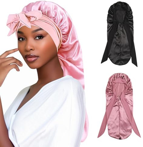 Satin Haarhaube Extra Lang für Damen - Verstellbare Schlafmütze mit Elastischem Band für Langes Lockiges Haar und Zopf (Schwarz, Rosa, 2 Stück)