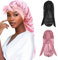 Satin Haarhaube Extra Lang für Damen - Verstellbare Schlafmütze mit Elastischem Band für Langes Lockiges Haar und Zopf (Schwarz, Rosa, 2 Stück)