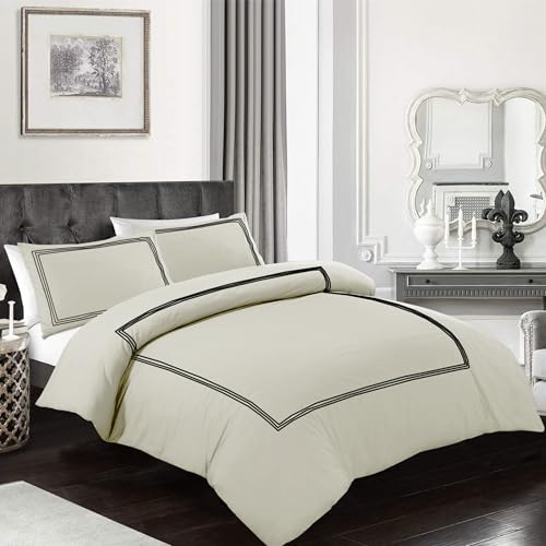 My home store Embroidered Duvet Cover Hotel Quality 200TC Bedding Set Soft Breathable 100% Poly Cotton Quilt Cover with Pillowcases (Bratta Stitch Cream/Black, Super King)