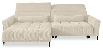 möbelando Wohnlandschaft >Wolve< Kopfteilverstellungen, 2 Kissen, Cord Creme - 277x108x179cm (BxHxT)