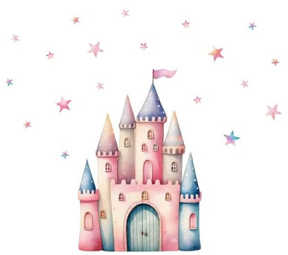 Wandtattoo Schloss #17 – Selbstklebende Wanddekoration – Blasenfreie Anwendung, nachhaltig & PVC-frei – Schloss (79 x 117 cm), große Sterne (10 x 10 cm), kleine Sterne (5 x 5 cm)