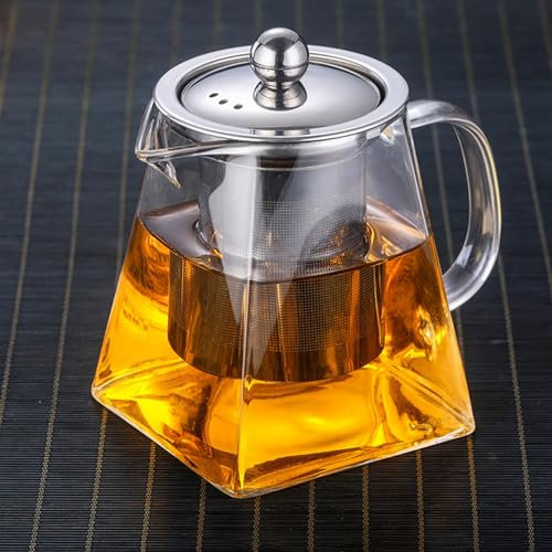YUEMING Glass Teapot with Infuser, 750ML in Square Shape Borosilicate Glass Tea Pot with Tea Strainers for Loose Leaf Tea, Microwavable and Stovetop Safe,Removable 304 Stainless Steel Infuser