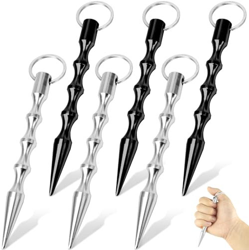 FLEXNOVA Selbstverteidigung 6 Stück Kubotan Selbstverteidigung Schlüsselanhänger Legal Verteidigungs Waffen für Frauen Self Defense Keychain Legal Frauen Weapons Schwarz Silber
