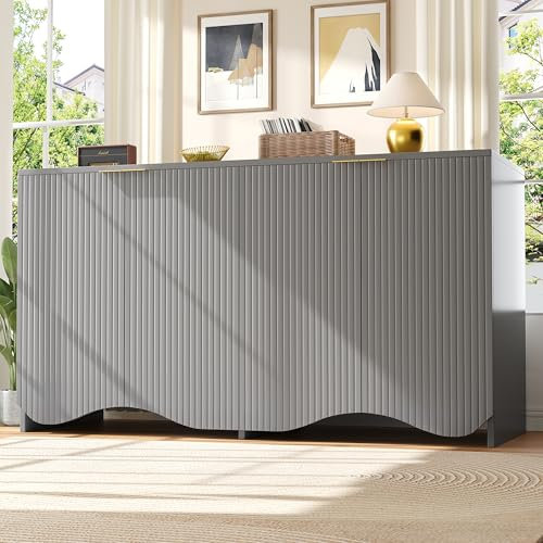 Merax Sideboard 140×40×85 cm, Esszimmer Wohnzimmer Aufbewahrungsschrank, buffetschrank mit Wellenmuster-Design, freistehender Schrank, Grau, mit verstellbaren Regalen und Anti-Kipp-Design