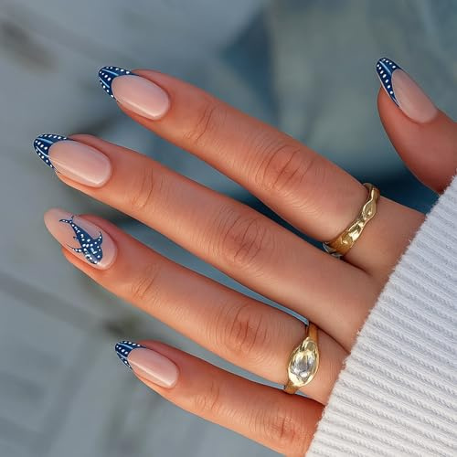 Ocean-Inspired French Tip Fake Nails Almond Shape - Elegant Deep Blue Press On False Nails Short with Whale Shark Design, Multi-Size Square Tips Stick On Extension Kit for Women