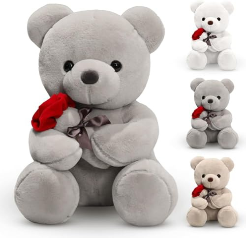 BRIMOREA Ours en peluche avec rose, 23 cm, coussin décoratif, cadeau pour enfants, filles, anniversaire, Saint-Valentin (gris)