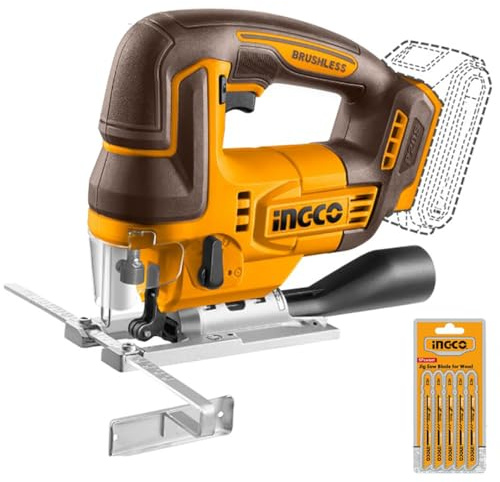 Ingco Cjsli1008 Scie sauteuse à Batterie 20 V Brushless Coupe Bois Métal Droite 45° 5 lames Seulement corps