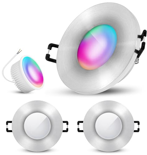 SSC-LUXon BEDA Bad Einbaustrahler 3x Alu IP65 Smart GU10 RGB flach | Drei smarte Bad-Einbaustrahler silber gebürstet IP65 mit RGB GU10 - 16 Mio Farben per App & Sprache, nur 30mm tief, für Bad