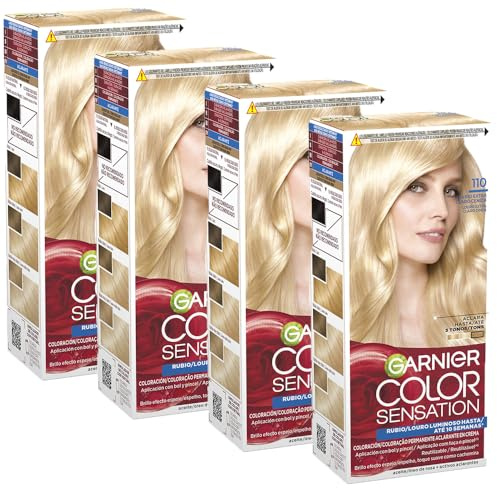 Garnier Color Sensation Pack 4 110 Rubio Extra Claro Tinte Permanente | Color Intenso y Brillo Espejo, Cobertura 100% Canas, Aceites Florales, Color Sensation