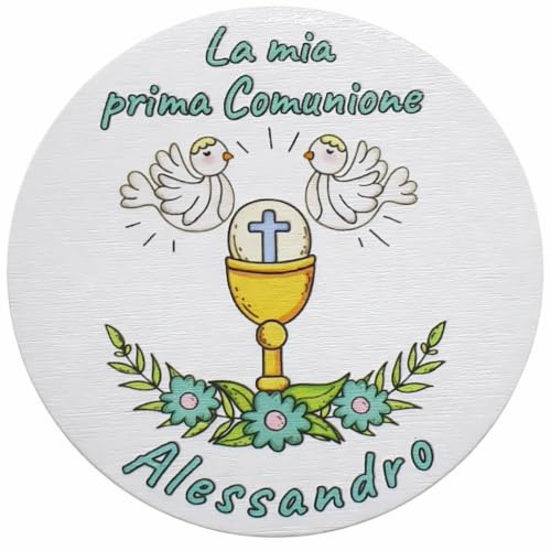 10 pz Ciondoli o calamite decorativi Personalizzabili in Legno per Prima Comunione, Battesimo e Cresima, Segnaposto con Incisioni a Colori, Bomboniere (Colori colombe e calici)
