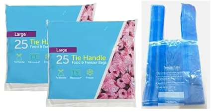 Strong FOOD Tie Handle Resealable Sandwich Freezer Bags Kitchen Storage Bags. For Fresh Food, Vegetables, Fruit, Meat, Meal Prep, Sandwiches For Home & Travel Use Freezer Safe (50, Blue, Large)