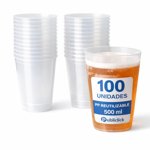 Publiclick Vasos Reutilizables 500 ml – 100 uds – Plástico Grueso y Flexible (PP) – Acabado translúcido - Resistentes para Fiestas, Cubatas y Eventos” reutilizable para muchos usos