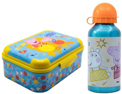 E plus M Peppa Wutz Kinder Lunch Set 2-teilig, Brotdose mit Aluminium Trinkflasche 400 ml, Peppa Pig & George Frühstücksset für Kindergarten und Schule