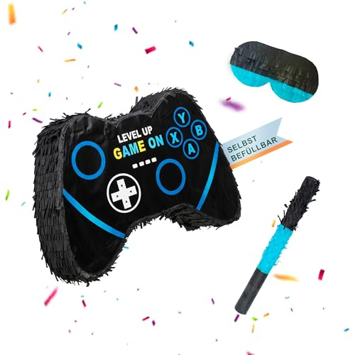 Relaxdays Pinata Gamer, Stab & Maske, Partypinata Kinder, Geburtstag, zum Befüllen, Controller, HBT: 28x40x7 cm, schwarz
