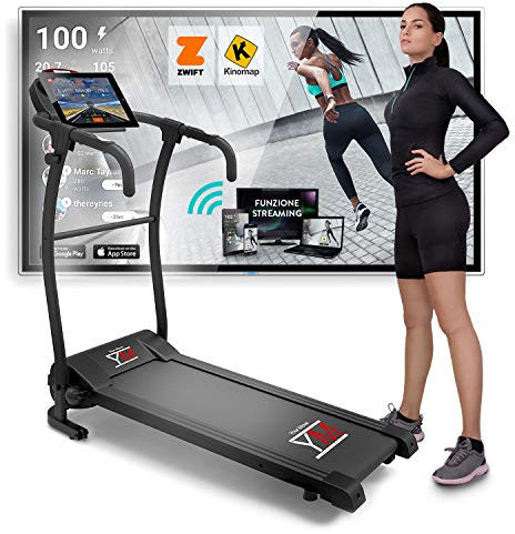 Tapis De Course Pliant Electrique 10 km/h, Bluetooth + APP KINOMAP et ZWIFT, Capteur Cardiaque, 12 Programmes, Inclinaison, Lubrification Automatique, 1HP (2,5HP Pic de Puissance) Ecran Multifonction