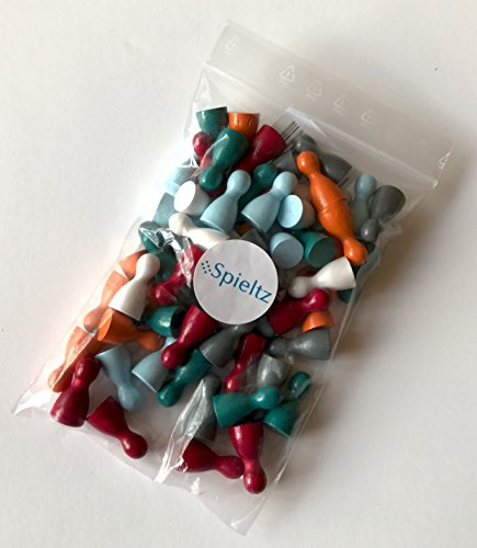 Pöppel-Mischung FRISCHEKICK, Spielfiguren aus Holz für Brettspiele, besondere Farben, Halmakegel Gr. 12/24 mm, 60 Stück (6x10), Farben: weiß, dunkelrot, türkis, grau, Babyblau, Mandarin