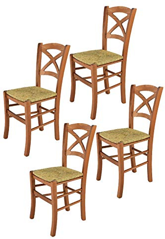 t m c s Tommychairs - Set of 4 chairs Cross suitable for Kitchen, bar and Living Room, structure in beech wood, cherry tree coloured and seat in straw