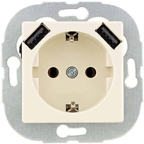 REV Quadro, Steckdose mit 2 USB Anschlüssen. USB: max. 2,1A, 5VDC, 10,5W, cremeweiss