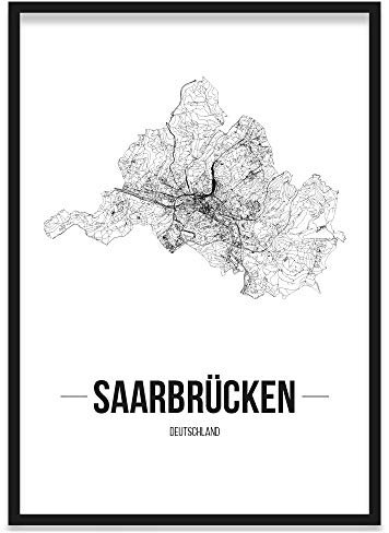 JUNIWORDS Stadtposter, Saarbrücken, Wähle eine Größe, 40 x 60 cm, Poster mit Rahmen, Schrift B, Weiß