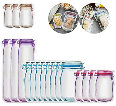 Enkrio Reusable Mason Jar Zipper Bags - 18 Pack (3 Small, 4 Medium, 8 Large, 3 Tall) Plastic Freezer Bags, Leakproof Food Saver, Spice & Fresh Food Bags for Travel & Camping