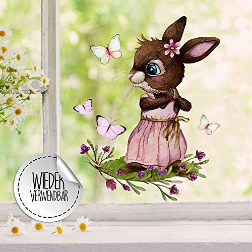 Fensterbild rosa Hase Häschen Schmetterlinge -wiederverwendbar- Fensterdeko Fensterbilder Deko Dekoration bf125 ilka parey wandtattoo-welt®