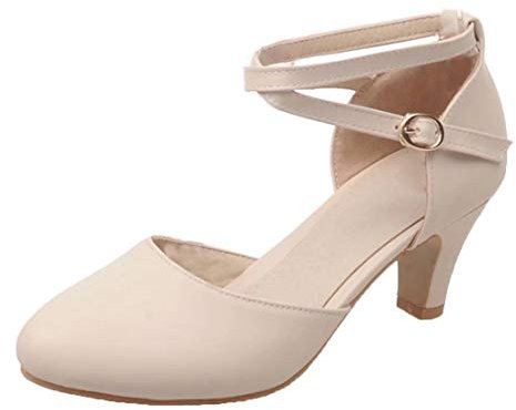 MISSUIT Damen Kitten Heels Pumps mit Riemchen Blockabsatz Kleiner Absatz Trichterabsatz Kreuz Knöchelriemchen Schuhe(Beige,38)