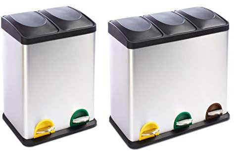 Floordirekt - Brandon - Poubelle de Recyclage en Acier Inoxydable - Seaux Intérieurs Amovibles - Poignée de Transport - 15 Sacs Inclus - Idéale pour la Cuisine - 2 Compartiments | 36 Litres