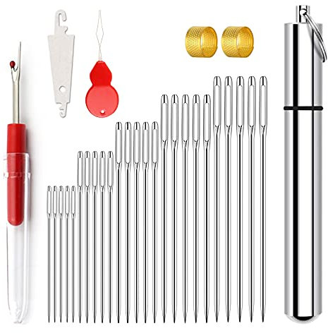 Redamancy Aghi per Cucire a Mano, 25 Pezzi Aghi per Cucire di Grande Occhio, 5 Taglie Aghi da Cucito Affilati, con 1 Taglia Asole, 2 Ditale, 2 Infila Ago, 4 cm, 4.5 cm, 5 cm, 5.6 cm, 6 cm