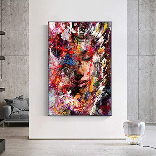 Moderne Abstrait Femme Visage Graffiti Street Art Toile Peinture Affiches Imprime Pop Wall Art pour Salon Décor Image 50x75cm (20x30in) Cadre Intérieur