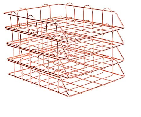 ZSFBIAO Gold Metal File Tray Desk Accessorie Magazine Holder Handmade Overlayabl File Office Organizer Layering Paper Storage Paper Tray Folder Organizer (Color : 4 tray Rose Gold)