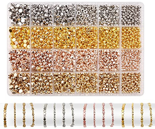 2400 Stück Perlen zum Auffädeln Perlen für Armbänder, 4 Farben Schmuckperlen Set Perlen Armbänder Metall Abstandsperlen Bastelperlen mit Loch für Schmuckherstellung Zubehör DIY Armband Halskette