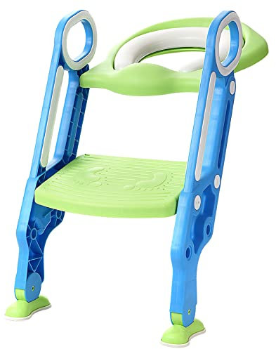 Réducteur Toilette Enfant, Rehausseur Toilette Enfant Pliable, Avec Marches et Pédale Réglables, Convient Aux Toilettes O U V de Plusieurs Hauteurs, Charge Max 75KG, Pour Enfants 2-7 ans(bleu+vert)