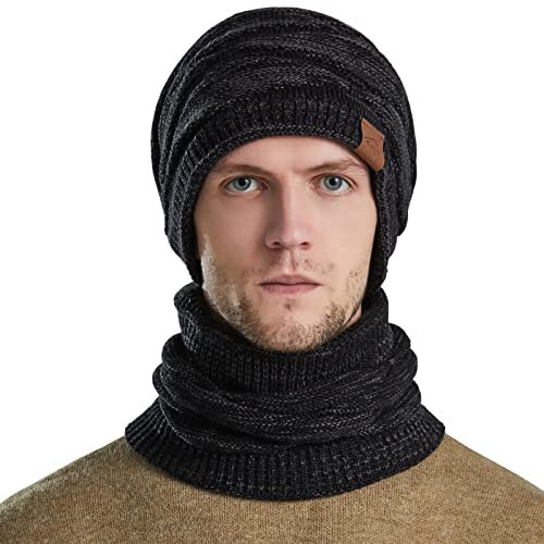 WANYI Wintermütze Herren Damen Schal Set Vliesverdickung Paar Winter Beanie Mütze Strickmütze Wollmütze Laufmützen Doppelschichtiger Plüschfutterhut und Halswärmer (46 schwarz)