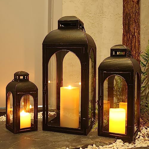 NEEDOMO Dekorative Laternen für drinnen und draußen, Set mit 3 Outdoor-Laternen für Veranda, 66 cm, Metallrahmen, Kerzenhalter mit Glas, Herbst, Weihnachten