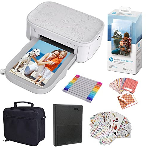 HP Sprocket Studio Plus 4 x 6 Zoll Sofortbilddrucker – Paket: Fotoalbum, Marker, Fotopapier und Aufkleber.