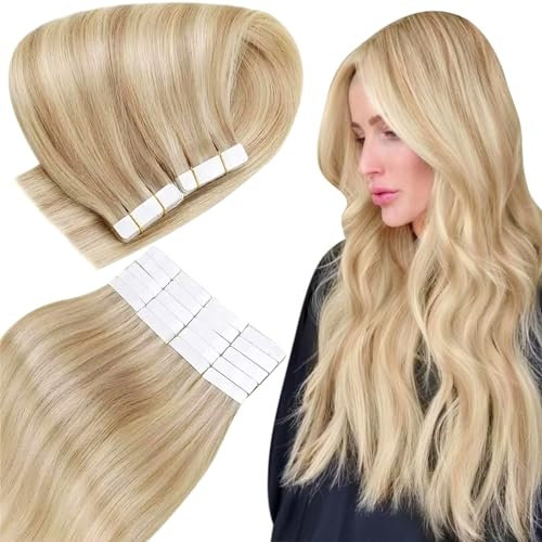 Easyouth Tape on Extension Echthaar Remy Echthaar Tape Extensions Farbe Honigblond Mix Gelbblond 45 cm 40g Skin Weft Tape Extension Echthaar #27P613