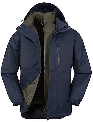 Mountain Warehouse Bracken Extreme Mens 3 in 1 Waterproof Jacket – Adjustable Mens Coat, Warm Rain Jacket, Headphone Compatible Outerwear – For Camping, Walking Indigo L