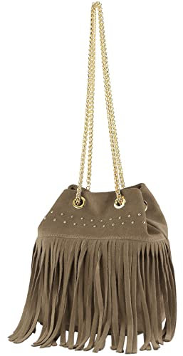 modamoda de T244 Damen Schultertasche Wildleder mit Fransen und Goldkette handmade in Italy, Farbe:Stone