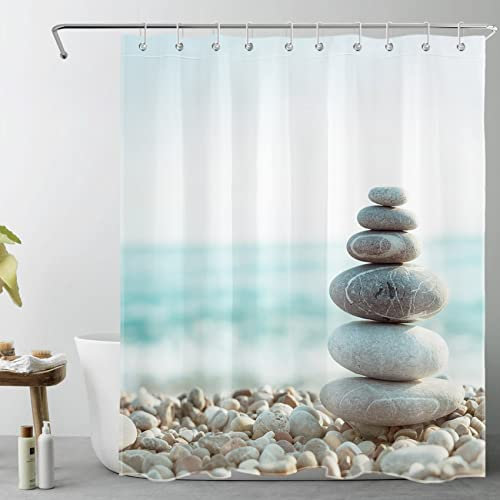 LB Zen Stein Duschvorhang 120x175cm Krickentenmeer Antischimmel Wasserdicht Badezimmer Vorhänge, Küstenstrand Landschaft Extra Kurz Polyester Stoff Bad Vorhang mit Haken
