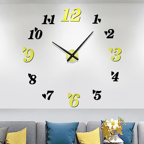 Meyiert Moderne stumme DIY Rahmenlose Große Wanduhr 3D Spiegeleffekt Acryl Aufkleber Metall Big Uhren Wanduhr (Schwarz Gold)