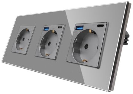 CNBINGO Triple Prise en Verre Avec 4 Ports USB, 2x (Type C et A 20W) - Schuko Encastrée Grise - Contact de Protection - Murale Avec Cadre