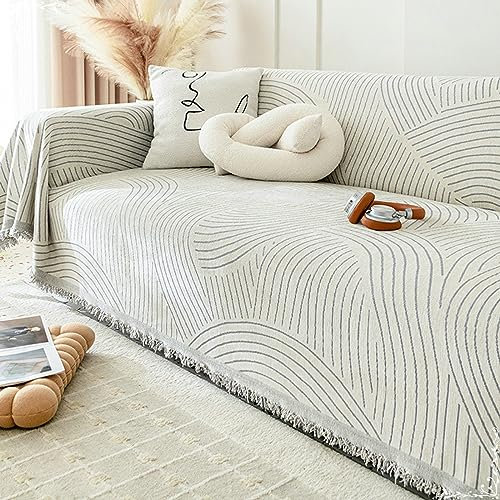 Sofabezug mit Muster, Chenille Couchschutz für Haustiere mit Geometrische Linien mit Quaste Grau, 180x380CM