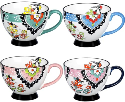 Greentainer Set di tazze in ceramica vintage, tazze da caffè retrò in porcellana con manico, per latte, cappuccino, tè, cacao, 4 pezzi, 460 ml, eleganti tazze per compleanno, Natale, festa della