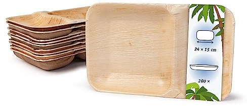 onlyleaf Palmware - Vassoio da pasto monouso da 200 pezzi realizzato in foglia di palma rettangolare 24x15cm con 2 scomparti separati I bio da tavola monouso biodegradabile
